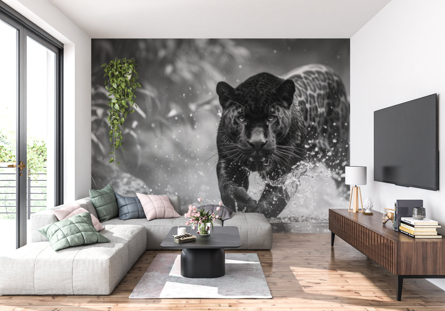 Black panther wall mural creating drama in modern living room with grey sofa and minimalist decor