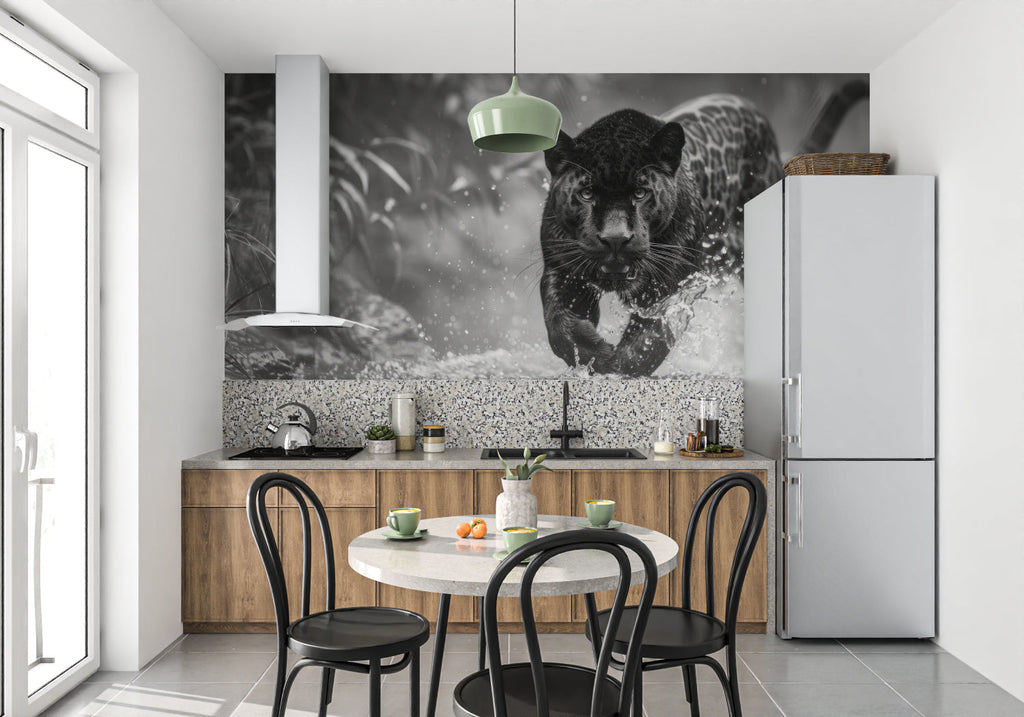 Black and white panther wallpaper making statement in home office with desk and leather chair