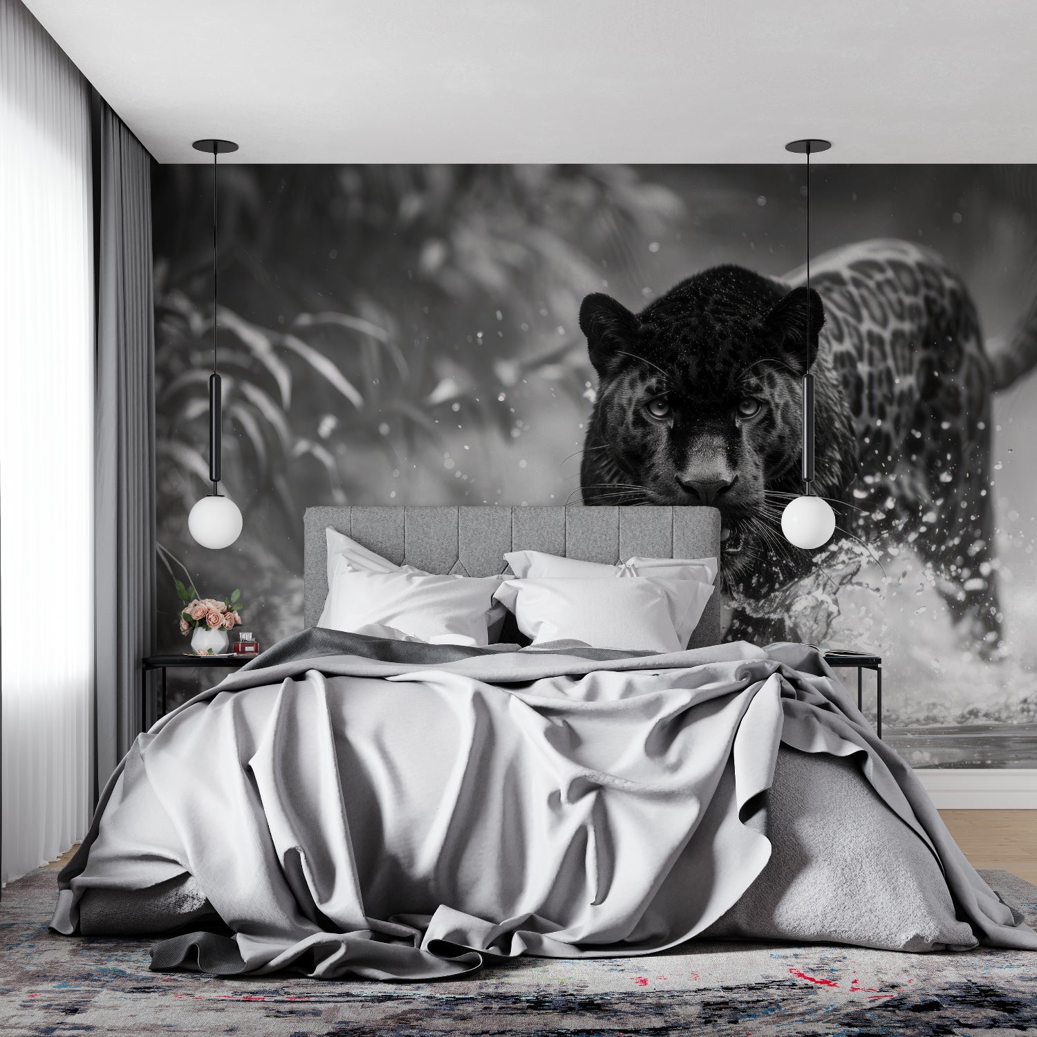 Large scale panther mural bringing character to bedroom with minimal decor