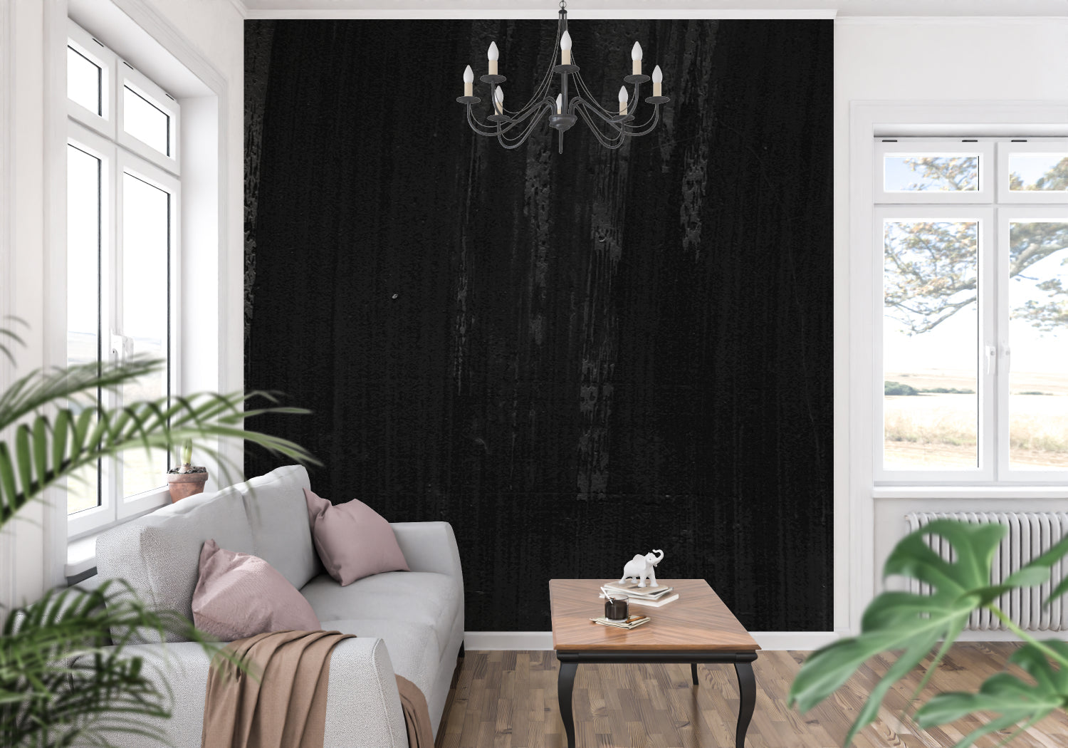 Elegant black wood mural in master bedroom with ambient lighting