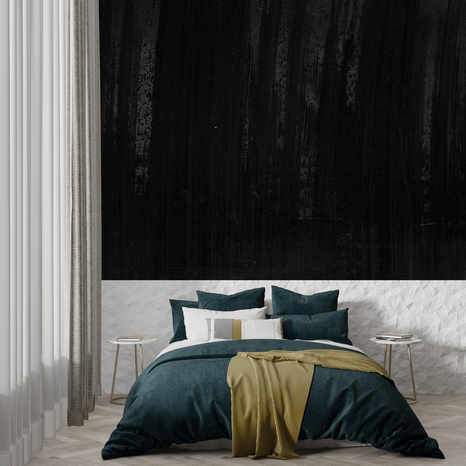 Dark wood grain wallpaper in contemporary office space