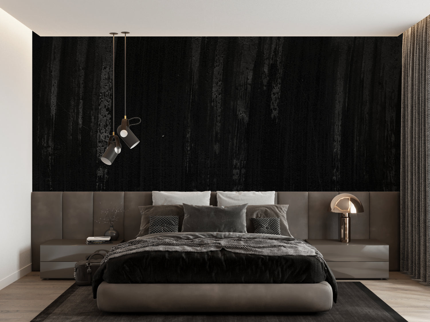 Modern hallway featuring black wood texture wallpaper
