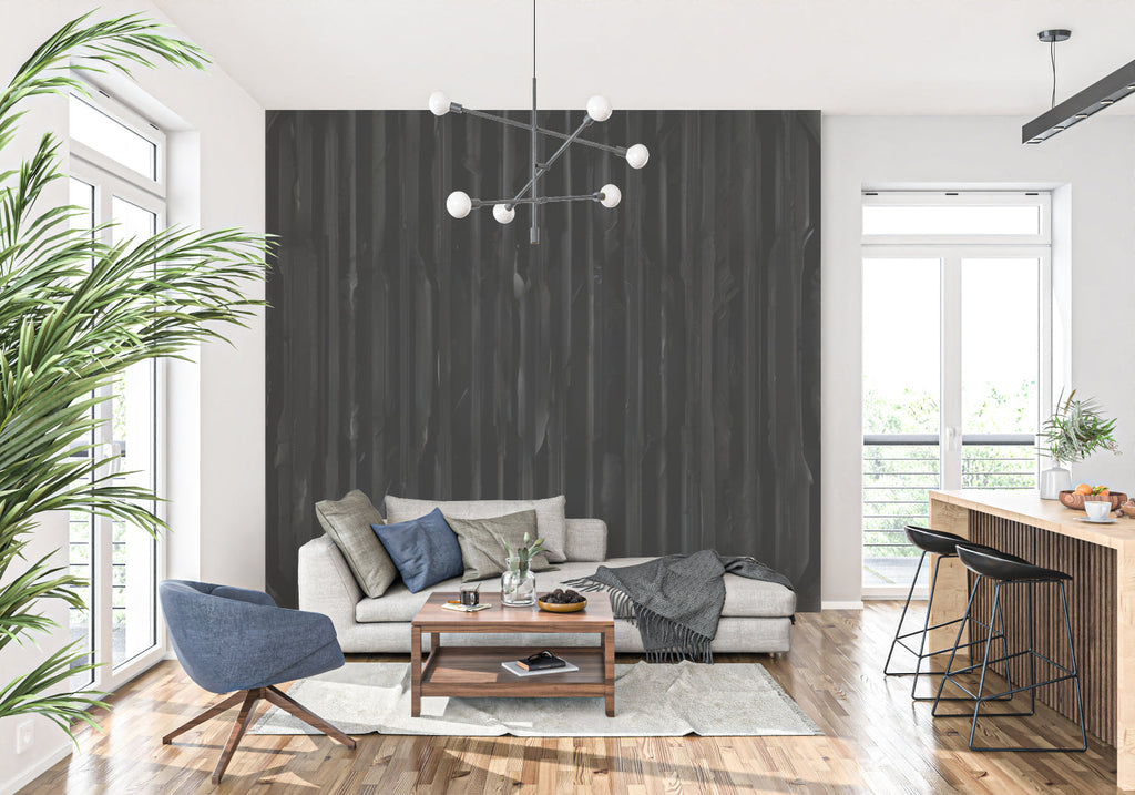 Black wood wallpaper in modern living room creating an elegant accent wall with vertical pattern