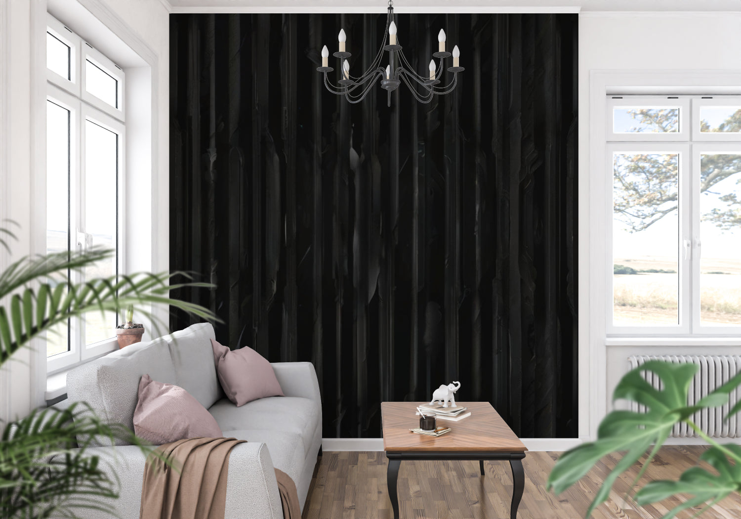 Textured black wood wallpaper in office space highlighting room height
