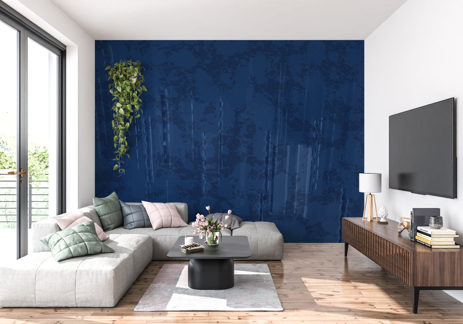 Modern blue wallpaper creating statement wall in dining room with pendant lighting