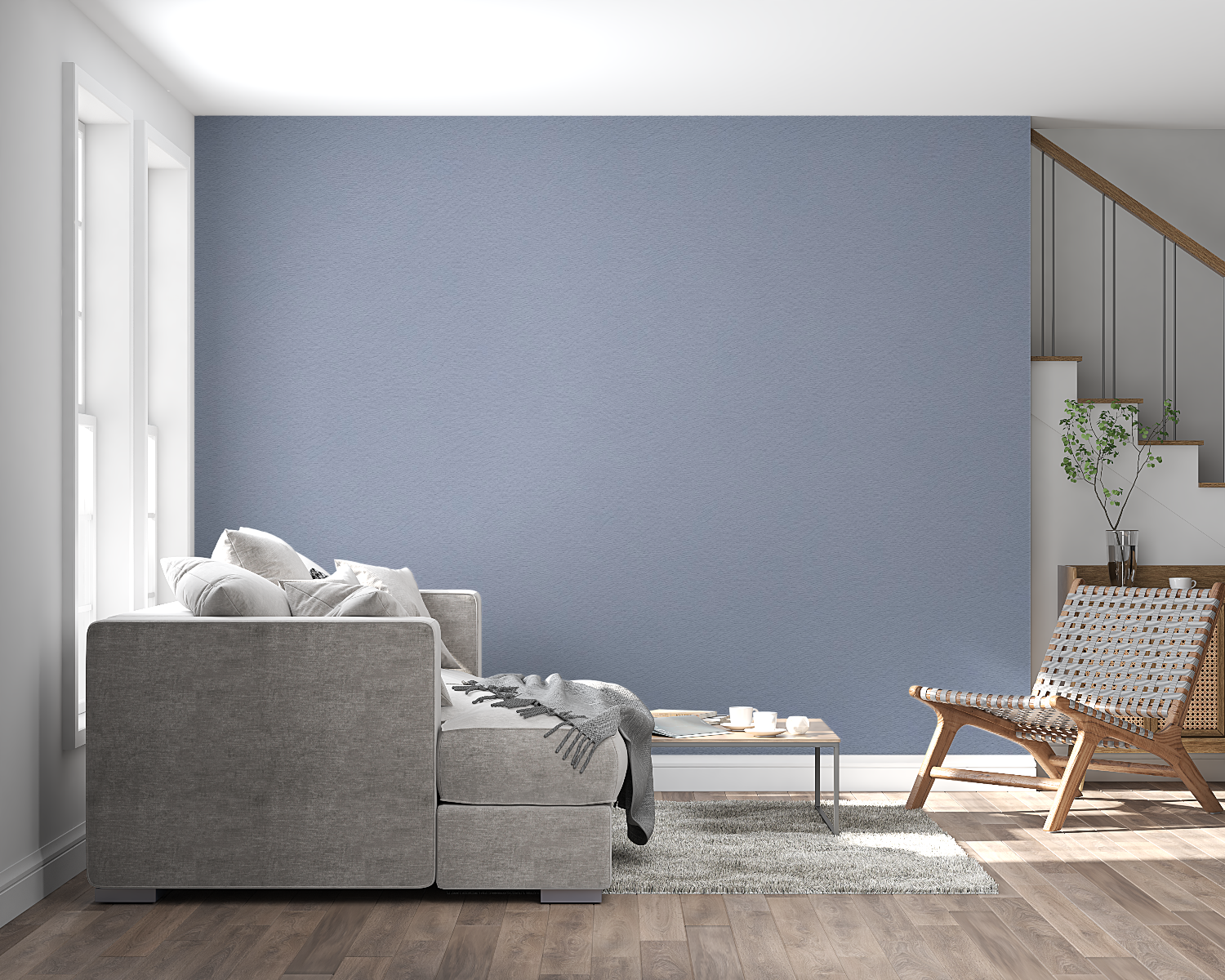 Blue grey minimalist wall mural in modern office space with natural light
