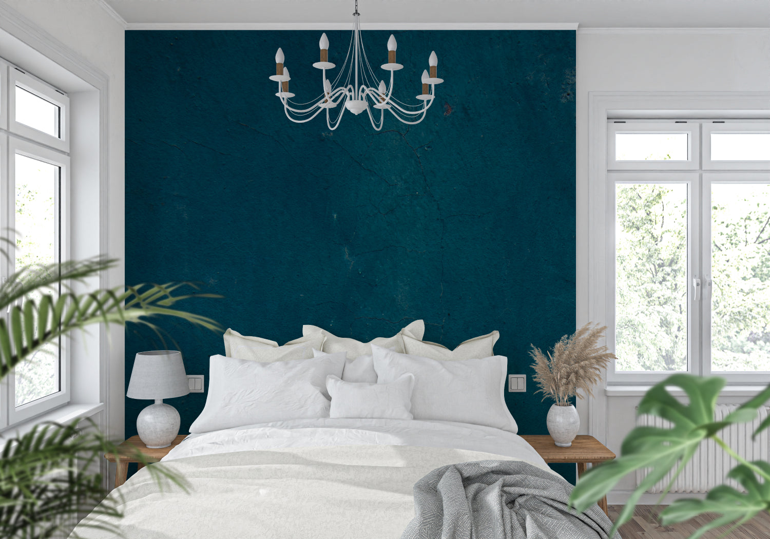 Blue textured wall mural in master bedroom creating serene atmosphere