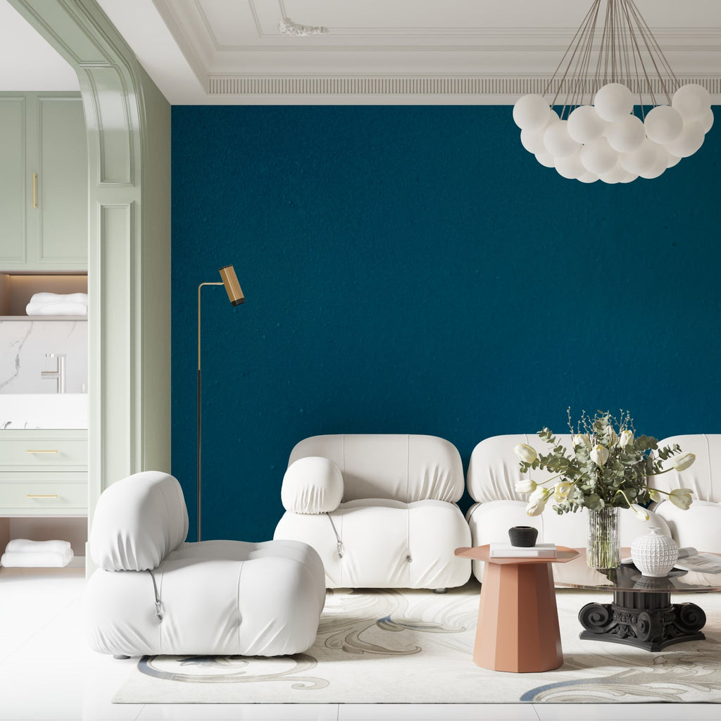 Deep blue wallpaper in minimalist bedroom setting