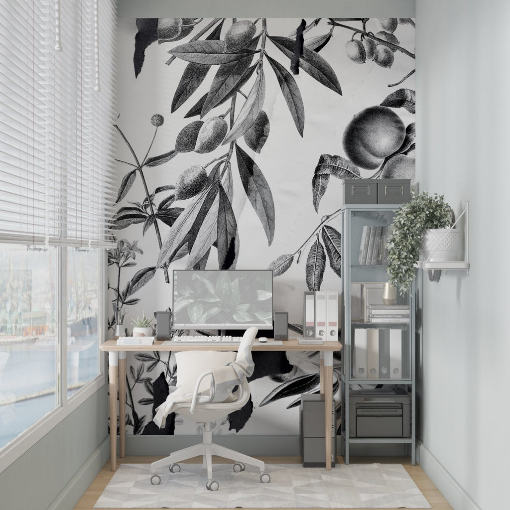 Monochrome fruit wallpaper design in minimalist living room setting