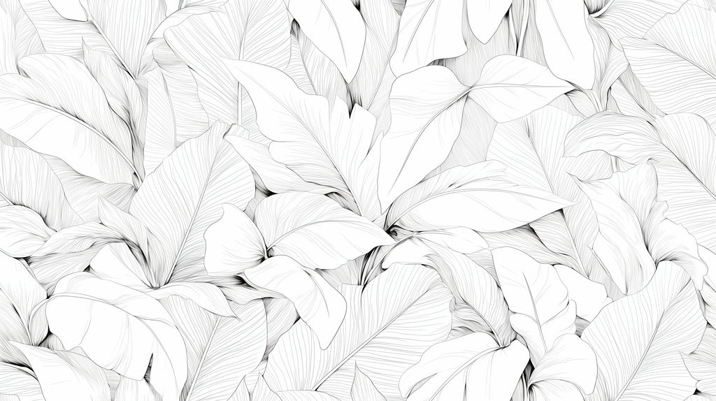 Black and white botanical mural creating depth in minimalist bedroom setting
