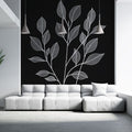 Black and white botanical line art wallpaper creating drama in a modern living room with minimal furniture