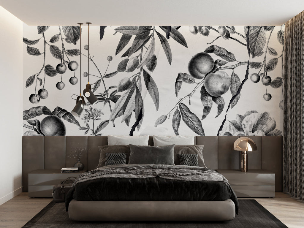 Black and white botanical wallpaper in a modern kitchen setting highlighting detailed fruit illustrations