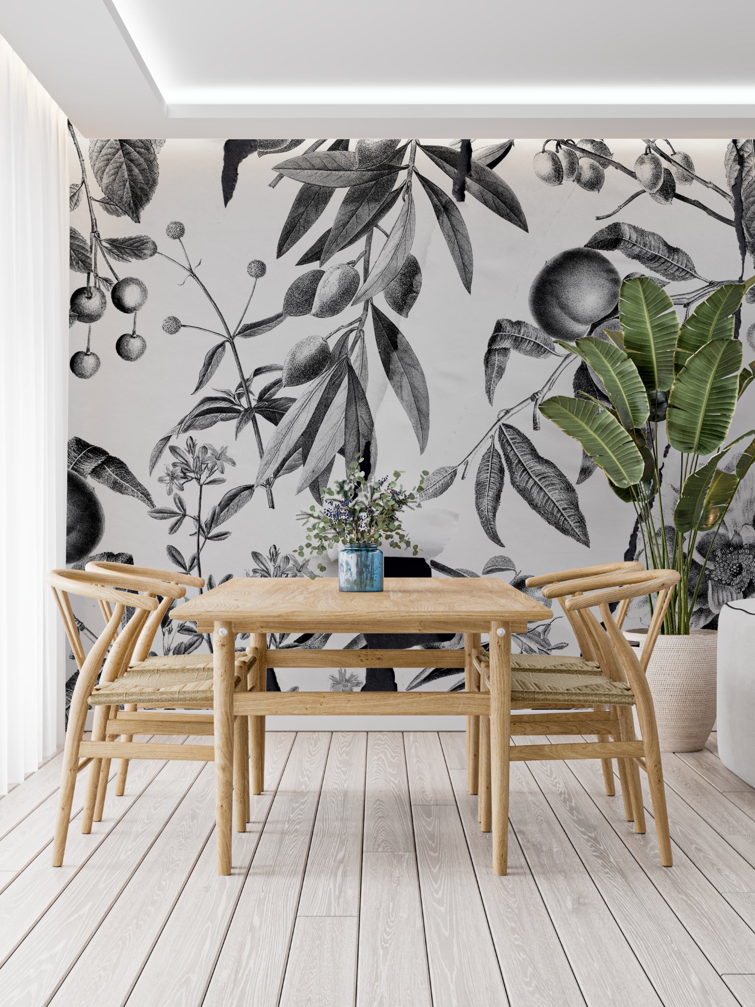 Monochrome fruit wallpaper creating an artistic atmosphere in bedroom setting