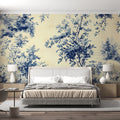 Blue Botanical Wallpaper creating a serene atmosphere in a modern living room with natural light