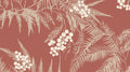Botanical wallpaper with ferns and berries creating a warm atmosphere in a modern dining room with natural light
