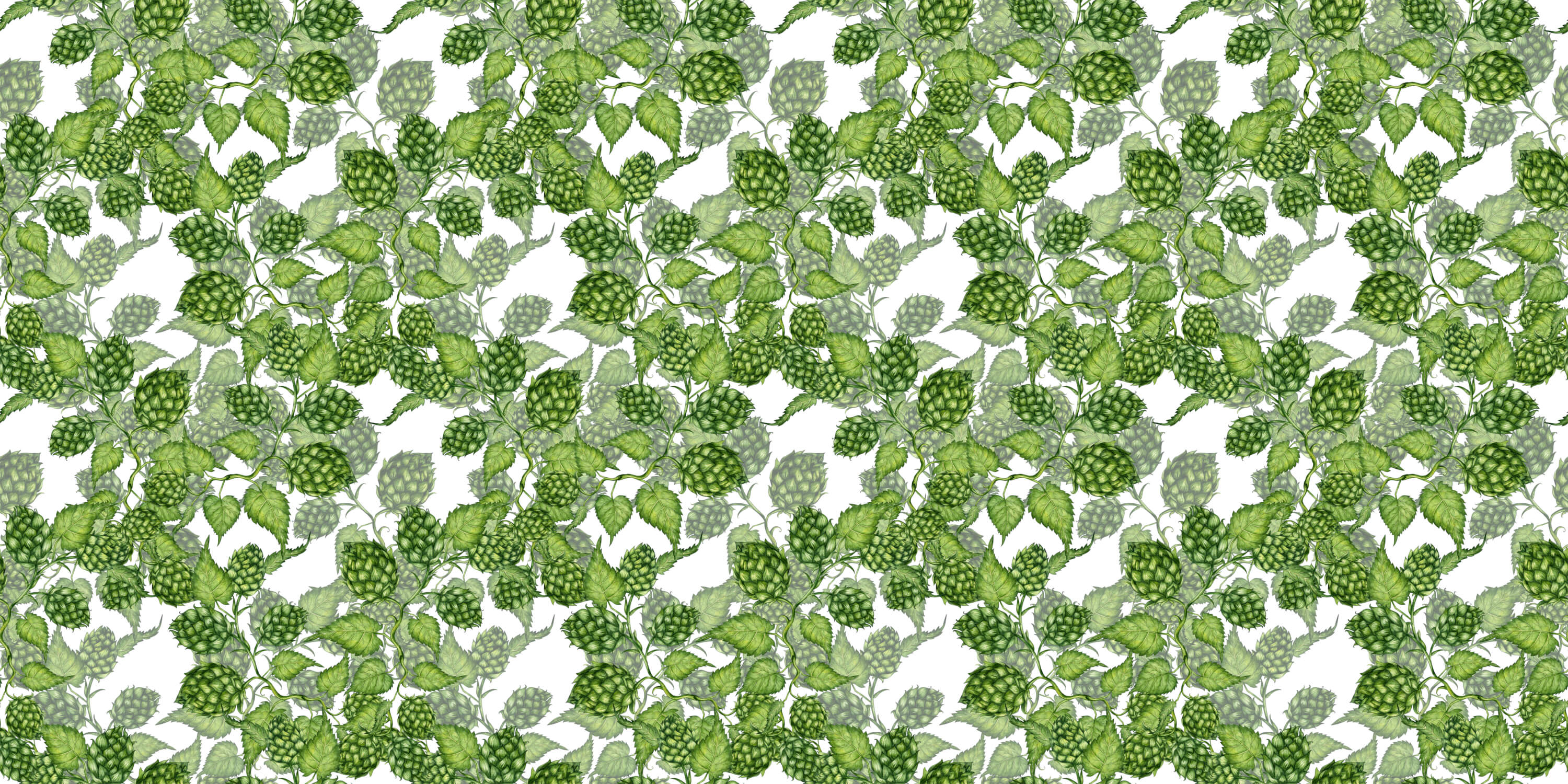 Botanical wallpaper design file showing detailed green hop pattern on white background