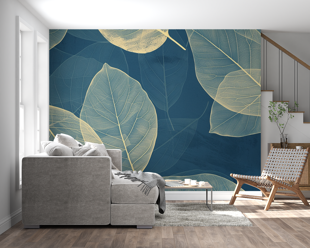 Deep blue and gold leaf wallpaper bringing luxury to a contemporary dining room