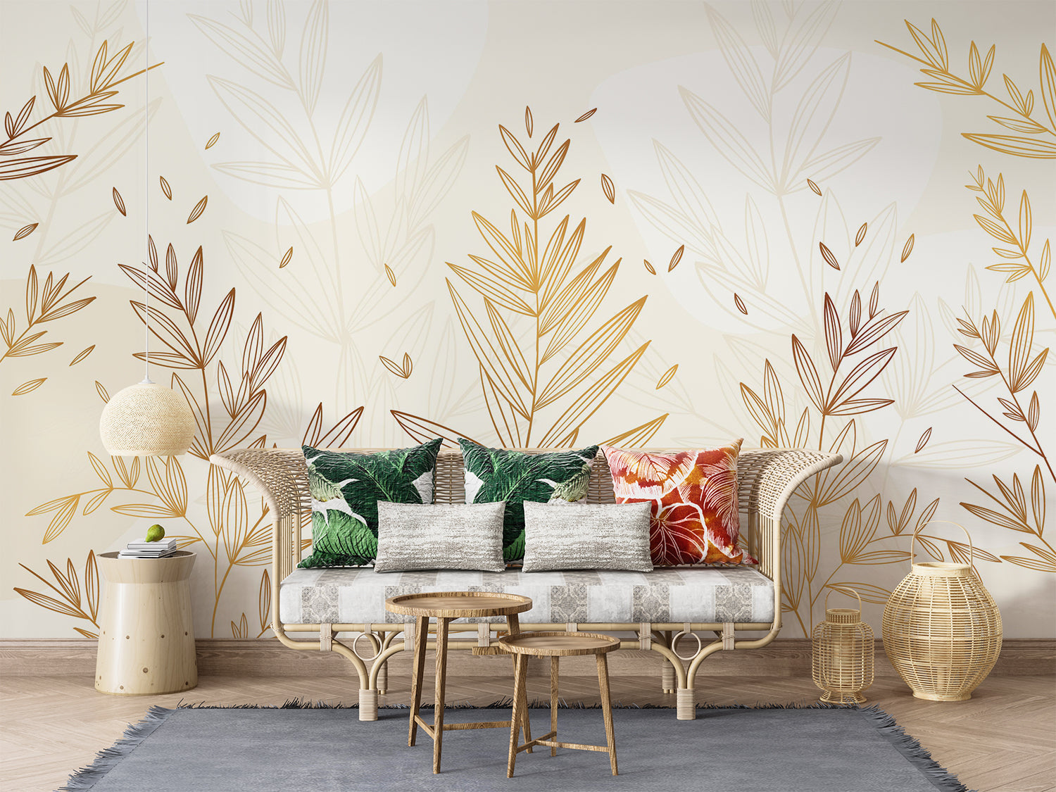 Botanical gold leaf wallpaper creating an elegant atmosphere in a modern living room with natural light