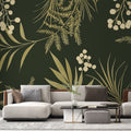 Botanical Mural Wallpaper with golden palm leaves creating an elegant atmosphere in a modern dining room