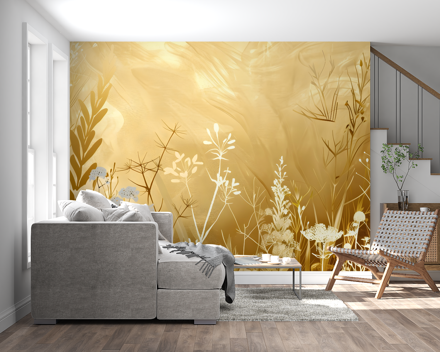 Botanical Wall Mural creating warm atmosphere in master bedroom with golden accents