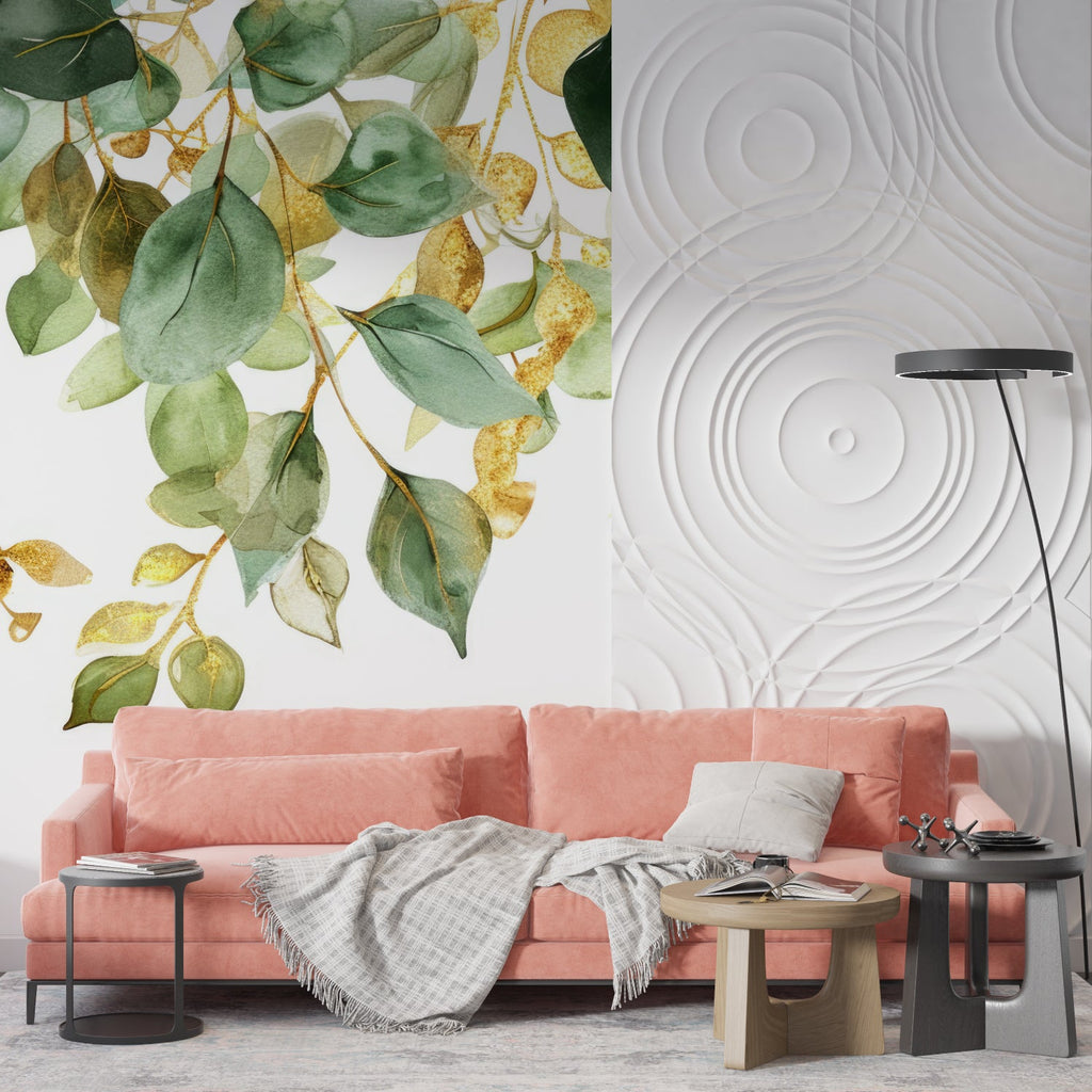 Green and gold watercolor leaf mural in bright dining room setting