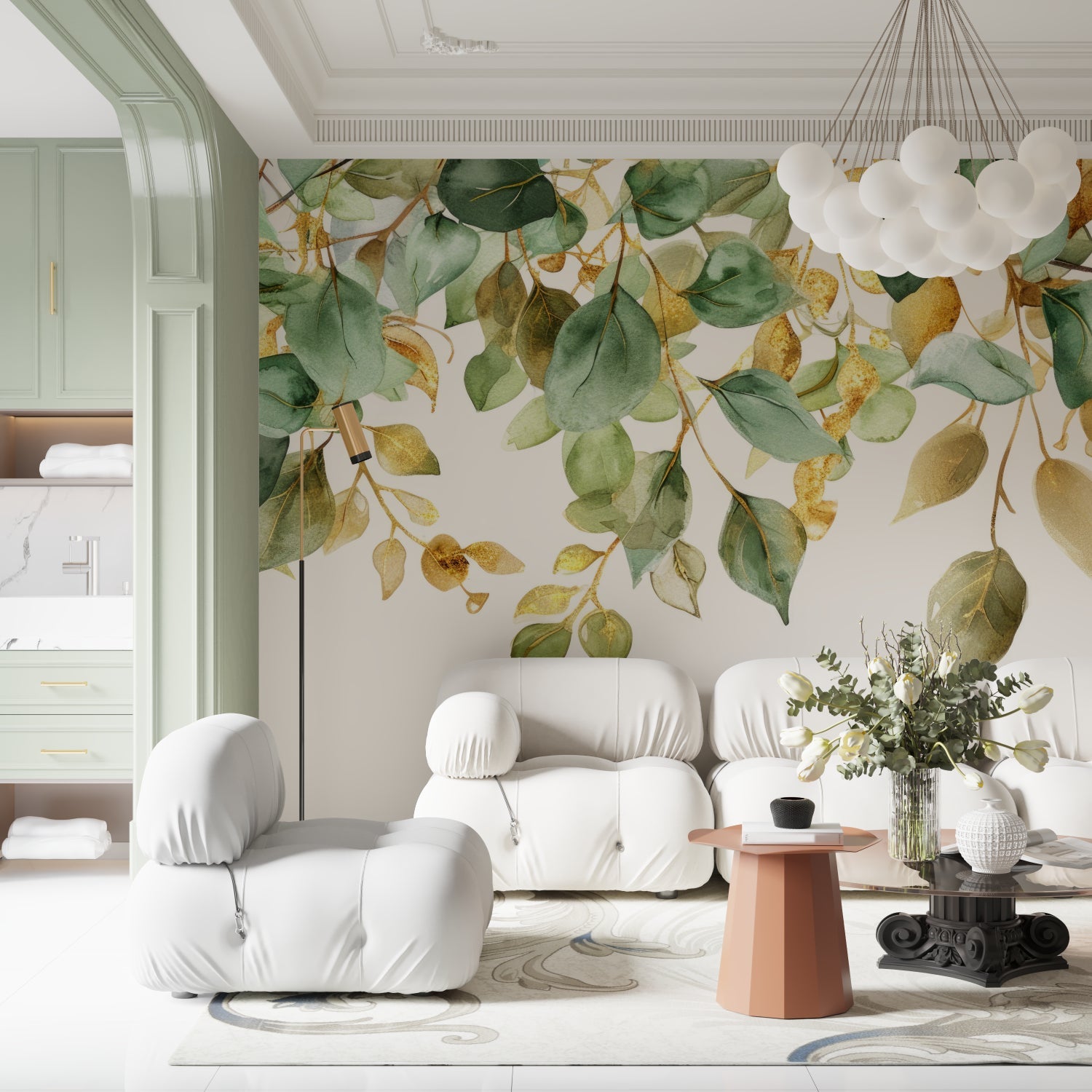Watercolor leaf wall mural in master bedroom showing scale and detail