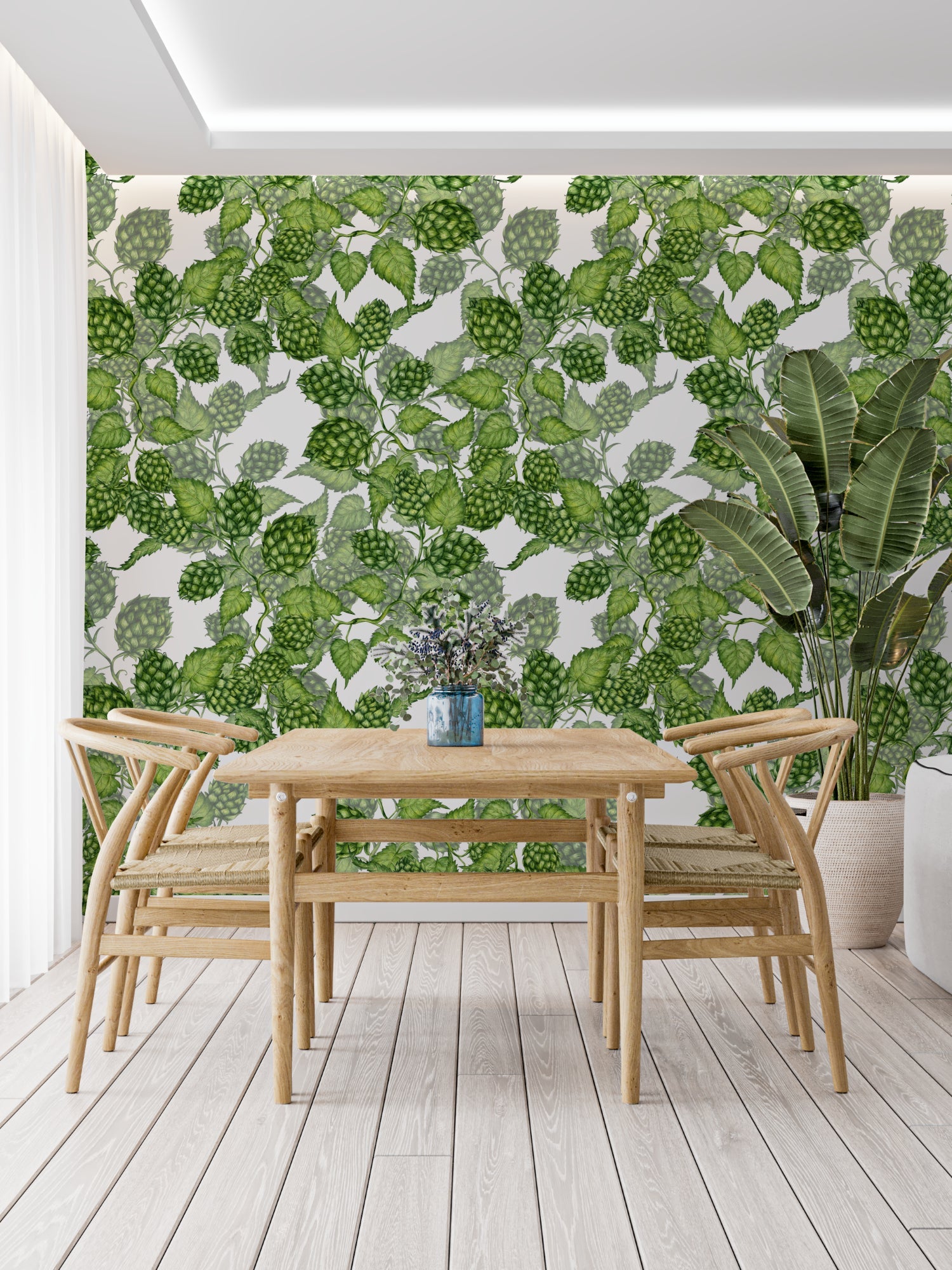 Fresh green hop pattern mural creating depth in a bright living room space