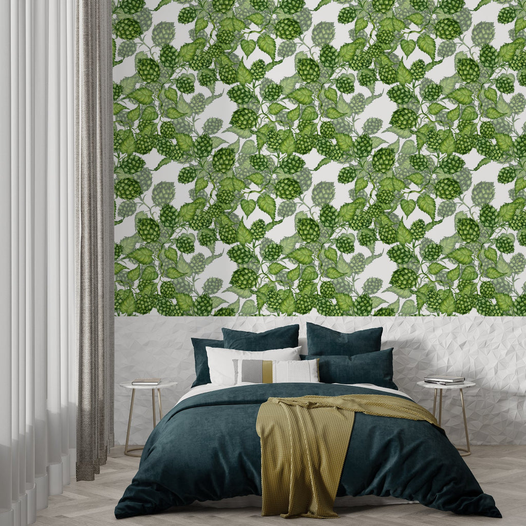 Botanical wall mural showcasing detailed hop design in a home office setting