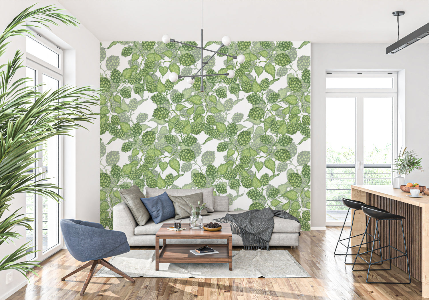 Green botanical wallpaper adding natural charm to a bedroom accent wall
