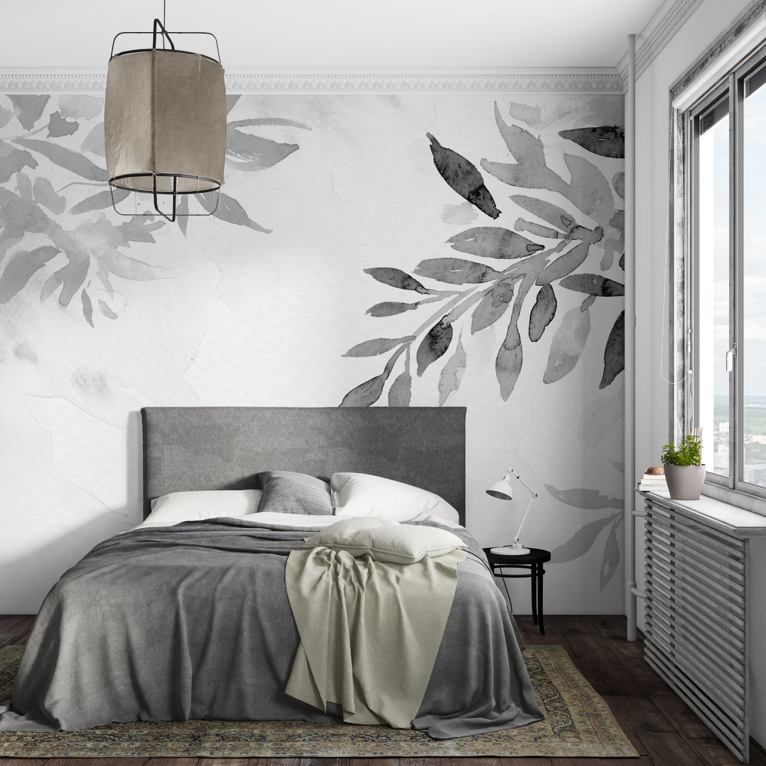 Watercolor leaf pattern enhancing a modern entrance hallway with soft grey tones