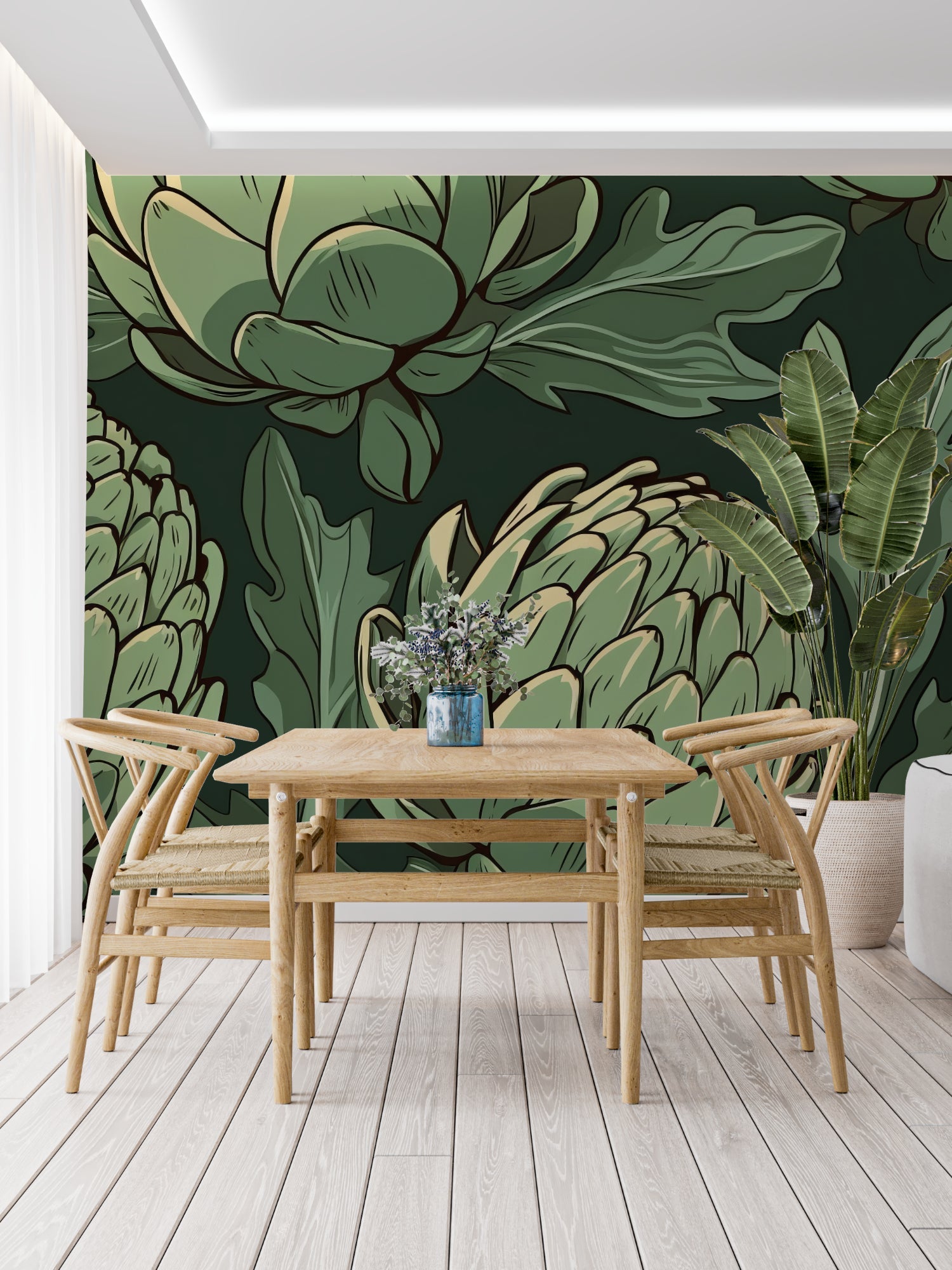 Botanical wallpaper with large artichoke design in a modern dining room, creating a fresh green accent wall