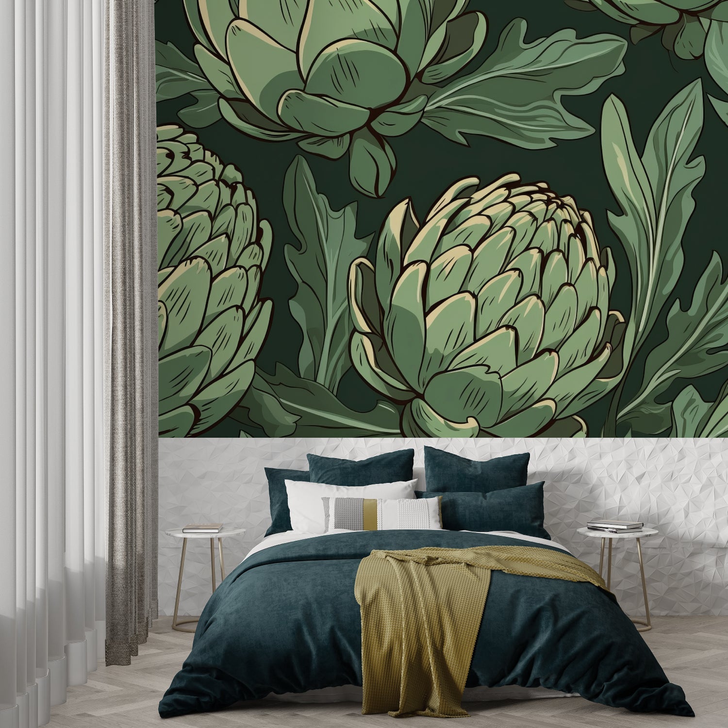 Botanical wall mural showing artichoke pattern in a contemporary kitchen space