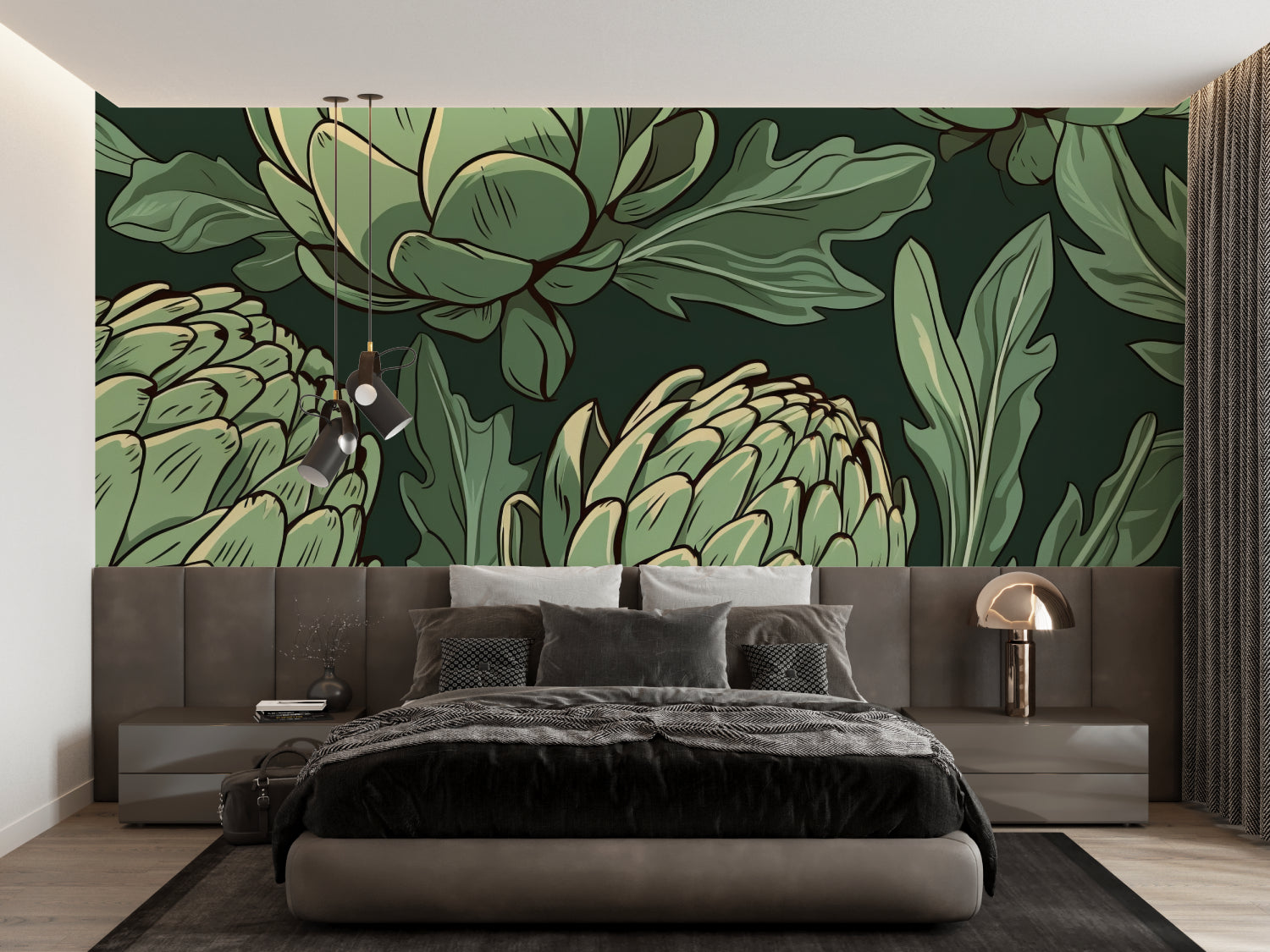 Green artichoke wallpaper creating depth in a modern hallway setting