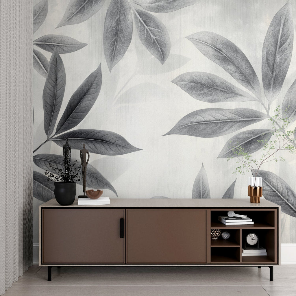 Grey botanical wall mural in master bedroom creating calm atmosphere