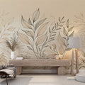 Botanical line art wallpaper creating a peaceful atmosphere in a modern living room with beige accents