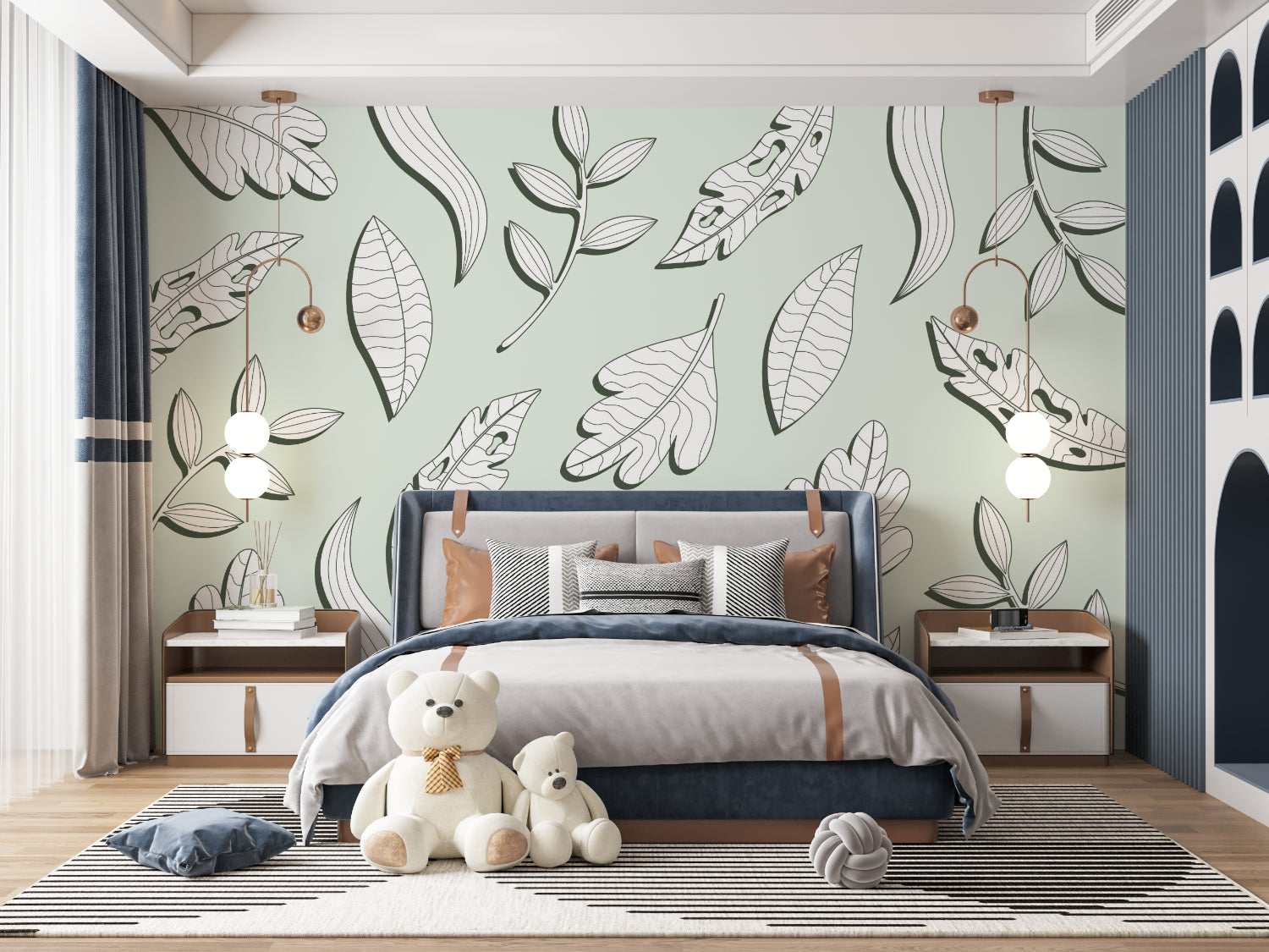 Botanical line art wallpaper in a bright modern living room showing mint green and black leaf design
