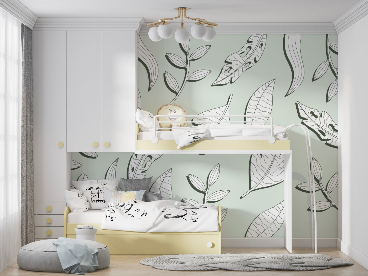 Mint green botanical wallpaper in a cozy bedroom setting with natural light