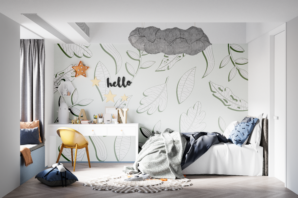 Home office featuring minimalist leaf pattern wallpaper in mint green and black