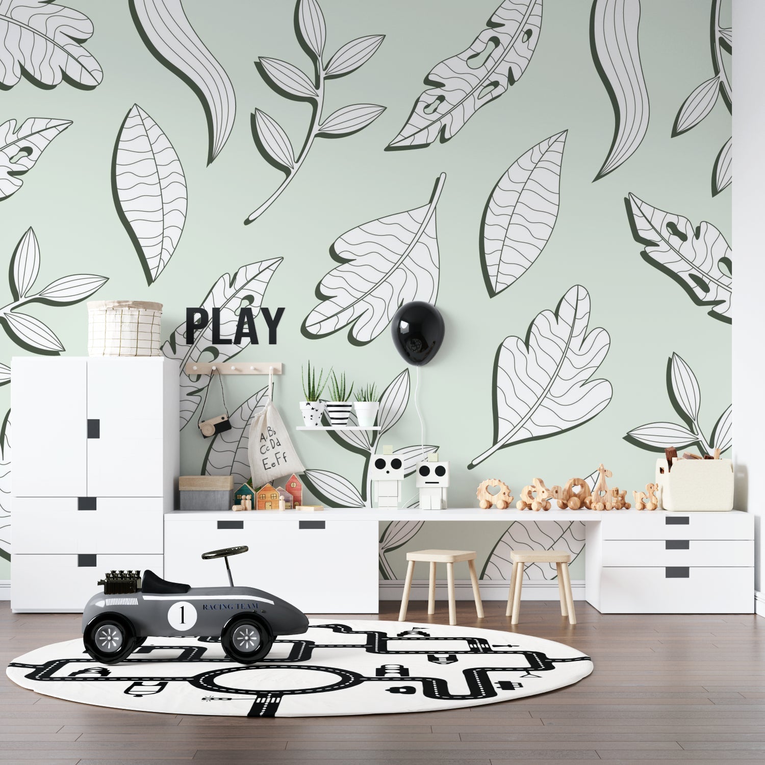 Nursery wall with gentle mint green botanical wallpaper showing delicate line art leaves