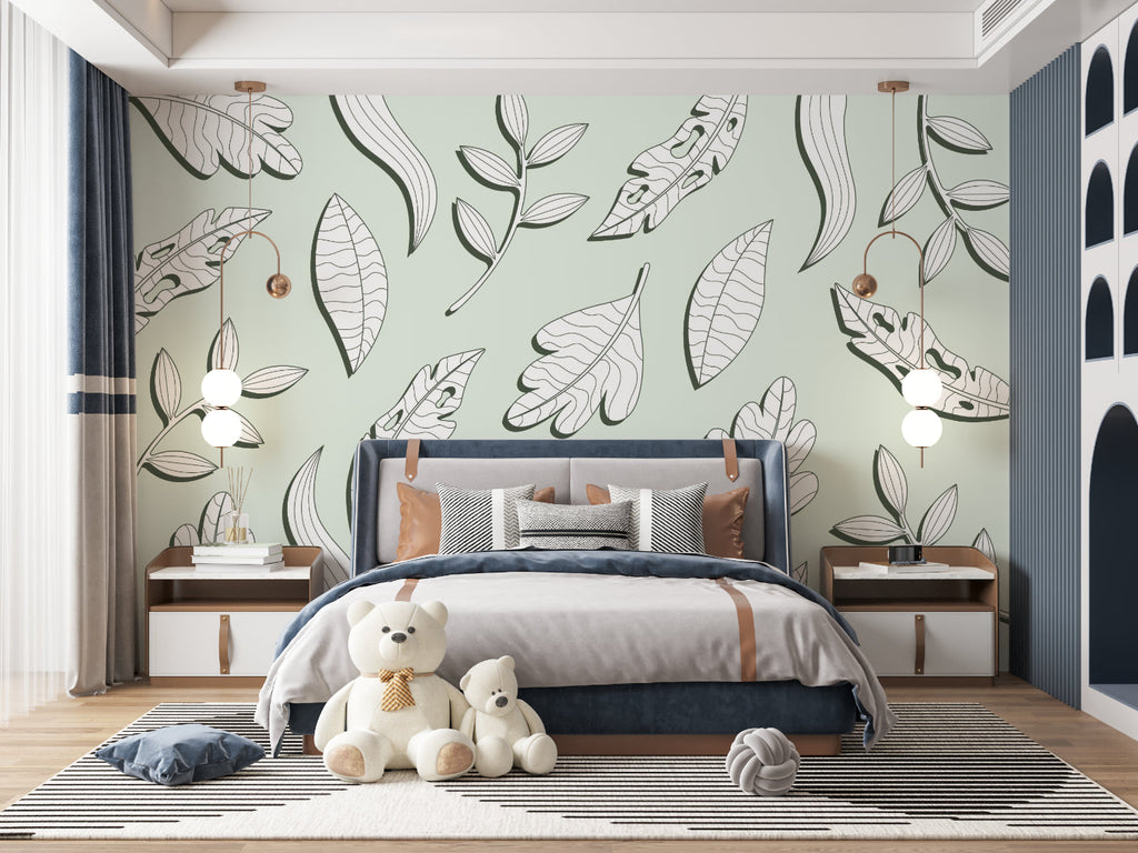 Reading nook with modern botanical wallpaper featuring black line art on mint background
