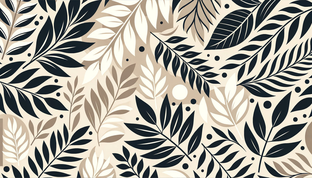 Botanical leaf pattern wall mural in minimalist dining space