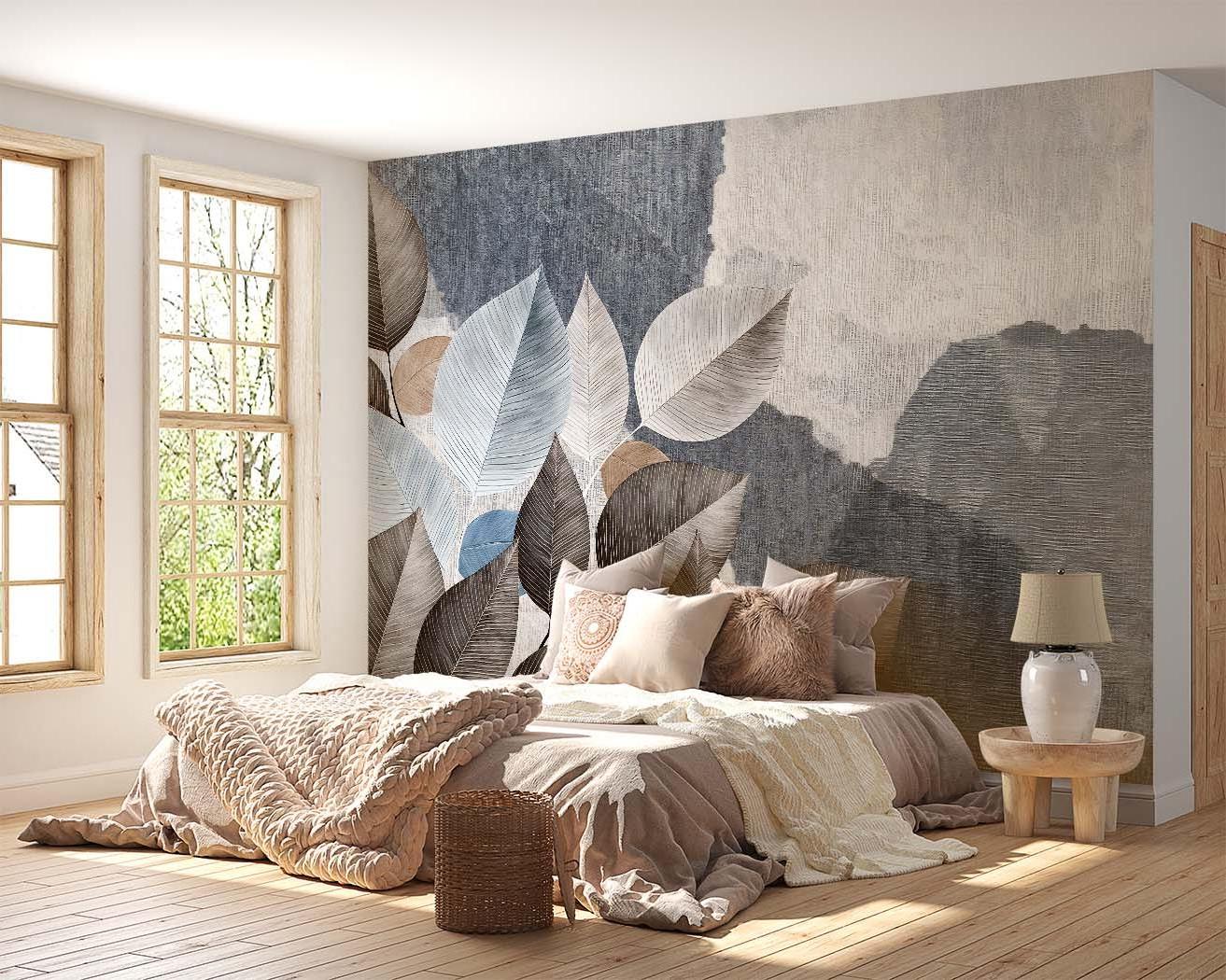 Botanical wall mural creating depth in master bedroom with minimal furniture