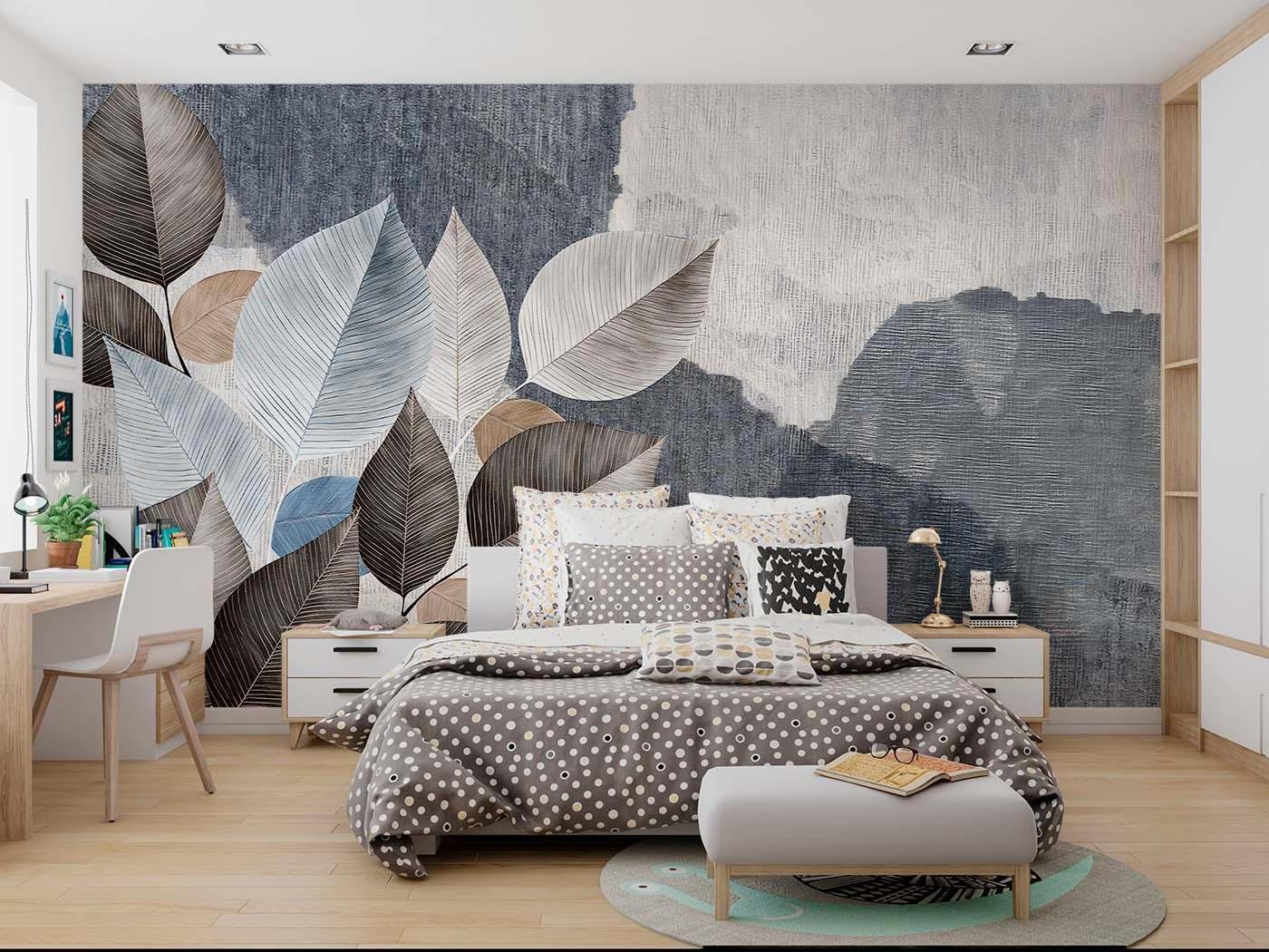Grey leaf pattern wallpaper in modern office space with clean desk setup