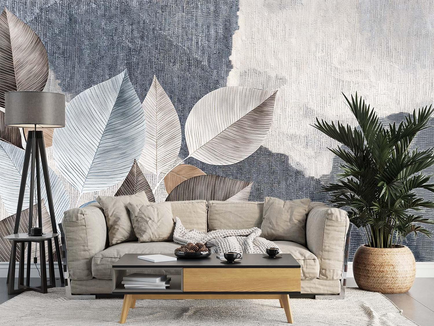 Botanical grey wallpaper in dining room showing scale of leaf pattern