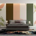 Botanical striped wallpaper with nature elements creating depth in a modern living room with natural light