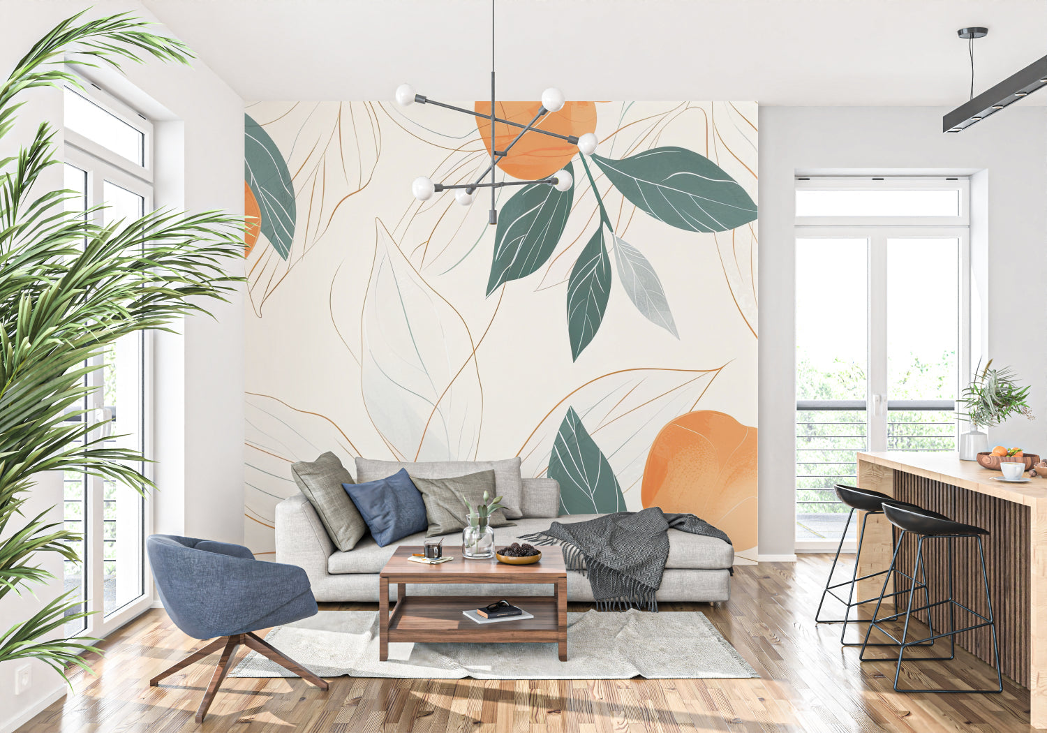 Orange tree wall mural creating a fresh feel in a dining room setting