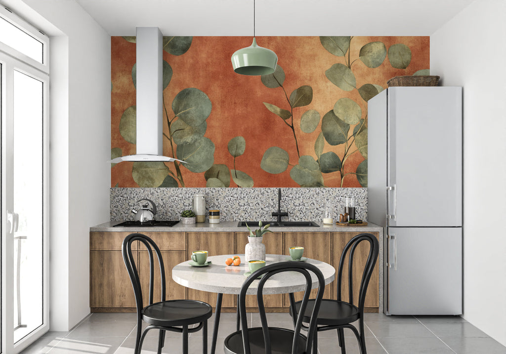 Eucalyptus leaf wallpaper creating calm atmosphere in bedroom with white bedding