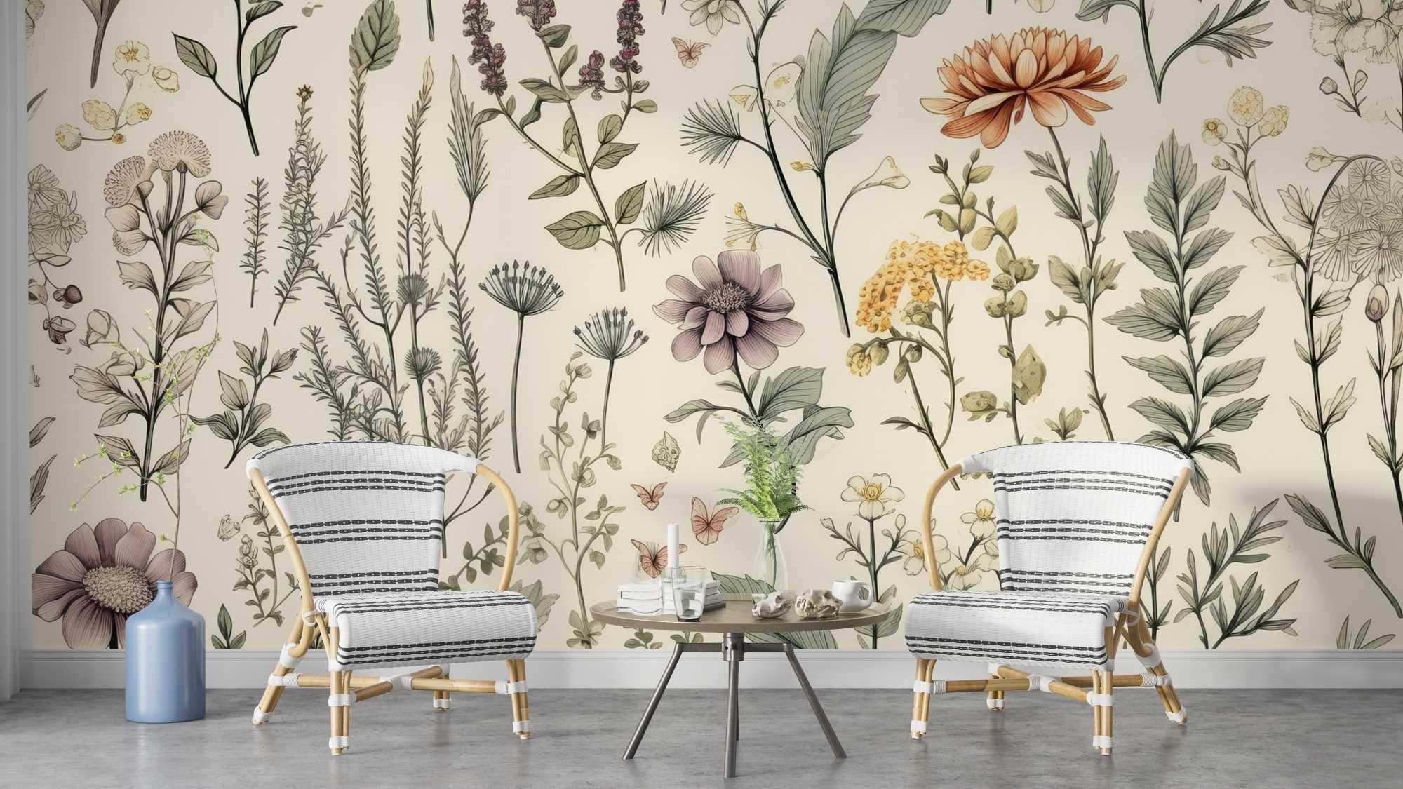 Vintage floral wallpaper adding charm to a cozy bedroom with soft furnishings