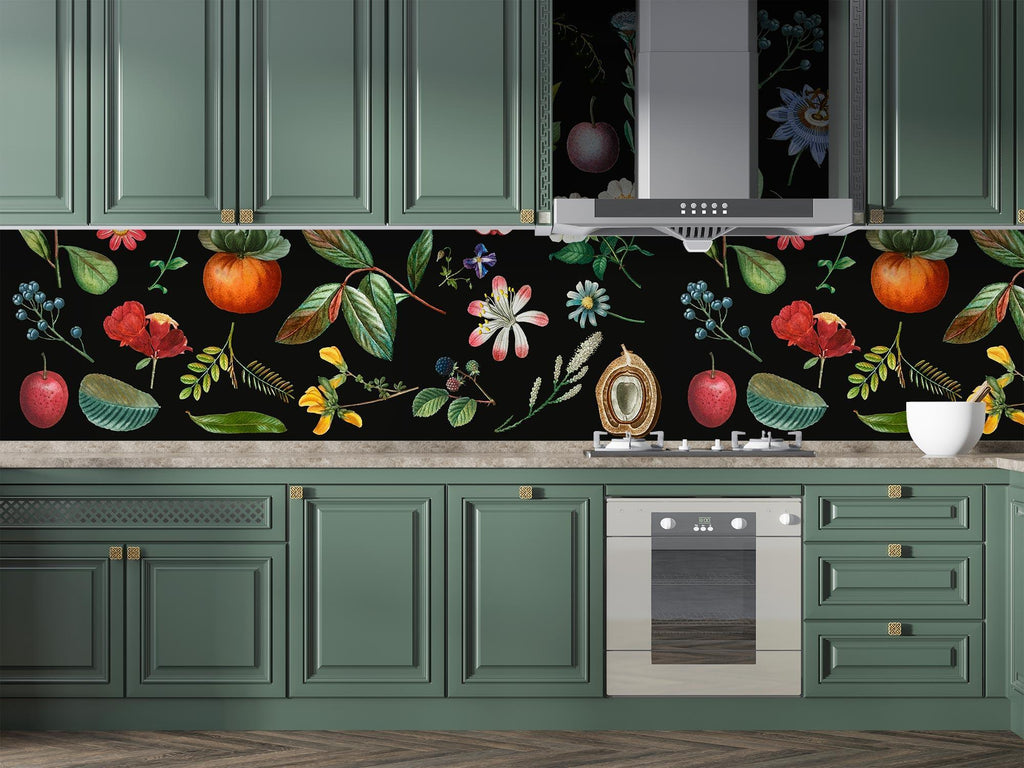 Botanical fruit wallpaper in modern kitchen with black cabinets, showing vintage illustrations against dark background