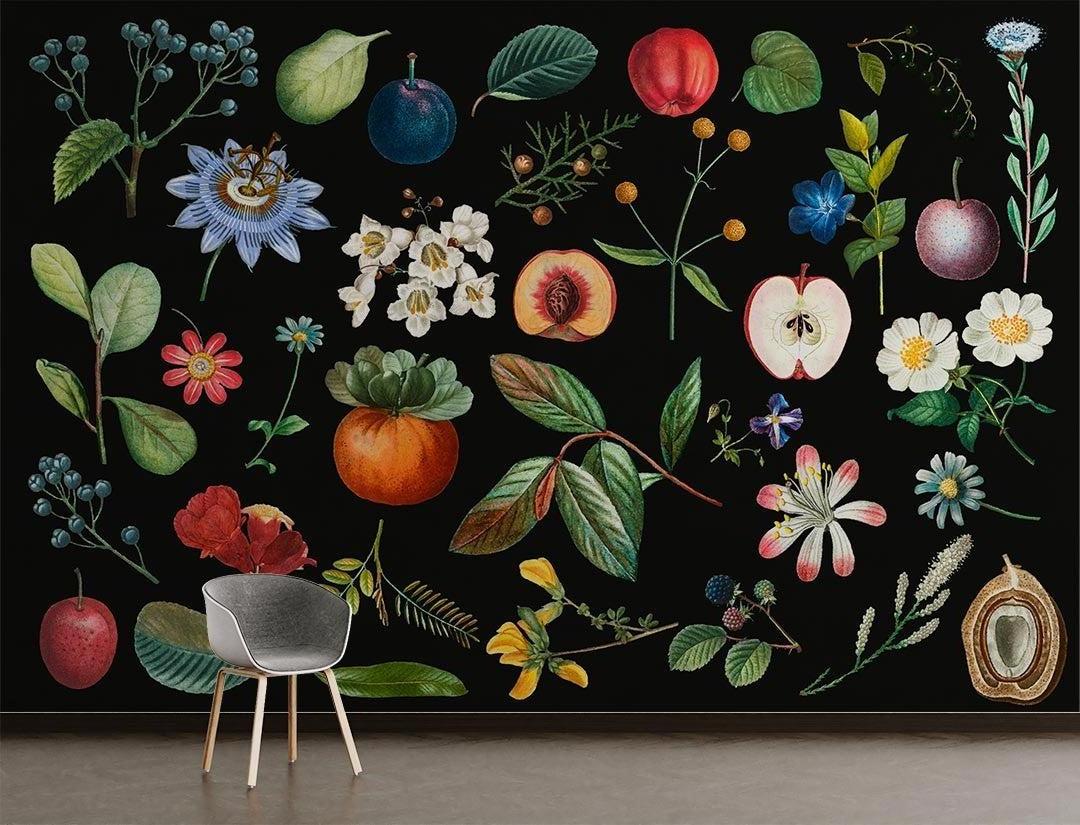 Vintage botanical wallpaper featuring fruits and flowers in elegant dining room setting